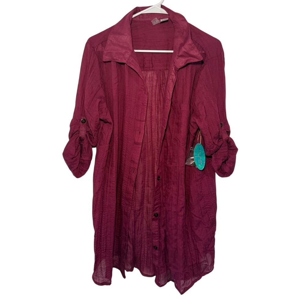 Mynah Womens XL Crinkle Button Down Shirt Rose Wine Roll‎ Tab Sleeve Tunic NWT